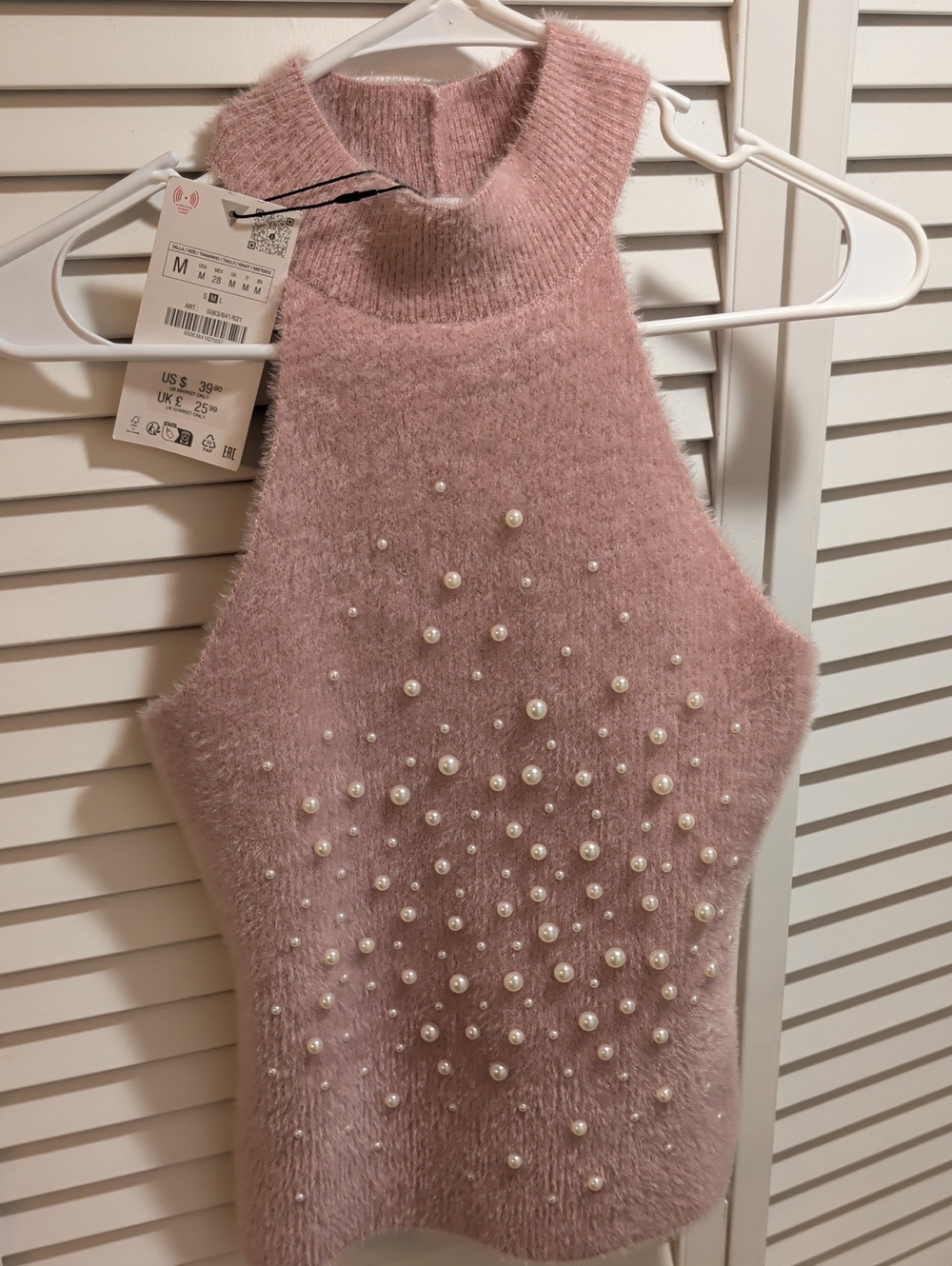 Zara Pink Pearl-Embellished Mock Neck Sweater Tank